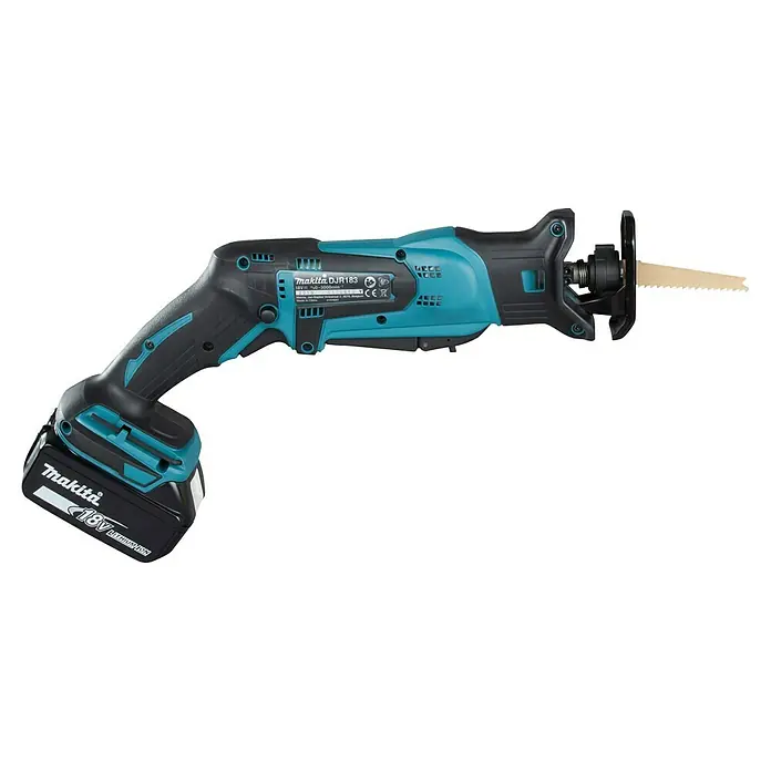 Makita LXT 18V Akku-Säbelsäge DJR183RT1J - 18 V, 1 Akku, 5 Ah, Leerlaufhubzahl: 0 /min - 3.000 /min - Makita DJR183 18V Akku-Säbelsäge in Schwarz und Türkis, mit 18V Akku und Holzsägeblatt.