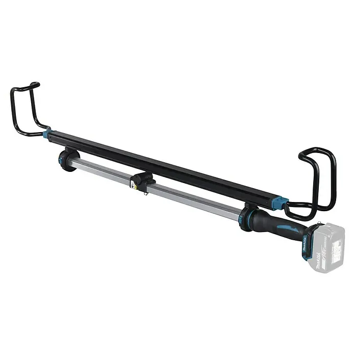 Makita LXT 18V Akku-Stableuchte DML818 - 18 V, Ohne Akku - Makita LED-Arbeitsleuchte mit schwarzen Haken, silberner und schwarzer Stange und blauen Akzenten, betrieben mit 18V Akku.