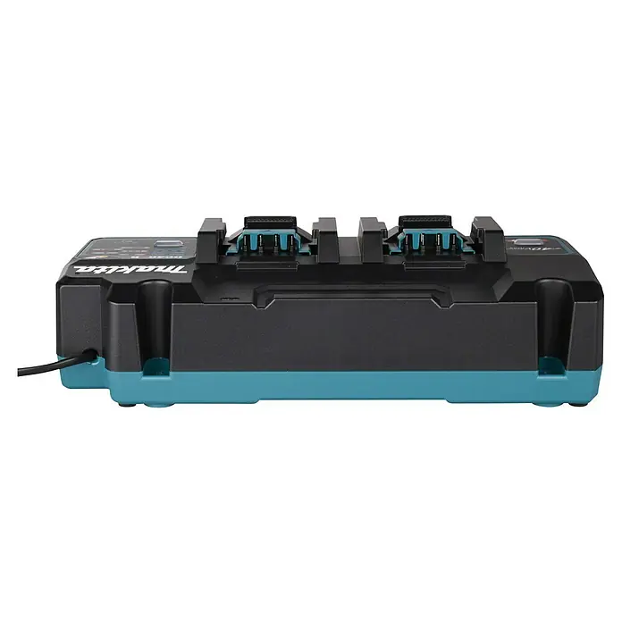 Makita XGT 40V max. Batterie-Ladegerät Doppel-Schnellladegerät - 40 V - Ein schwarz-türkises Makita Doppel-Akku-Ladegerät mit zwei Ladeschächten für Elektrowerkzeug-Akkus.