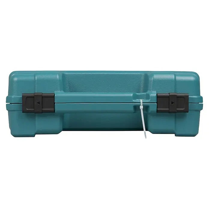 Makita Heißluftgebläse HG5030K - 1.600 W, Temperaturbereich: 350 °C - 500 °C - Türkisfarbene Hartplastik-Werkzeugkiste mit schwarzen Verschlüssen und weißem Kabelbinder.