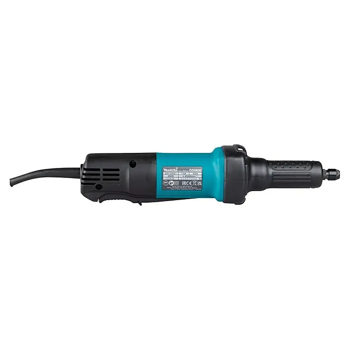 Makita Geradschleifer GD0600 - 400 W, 25.000 U/min - Ein schwarzer und türkisfarbener Makita GD0600 Geradschleifer, ein Elektrowerkzeug zum Präzisionsschleifen, mit strukturiertem Griff.