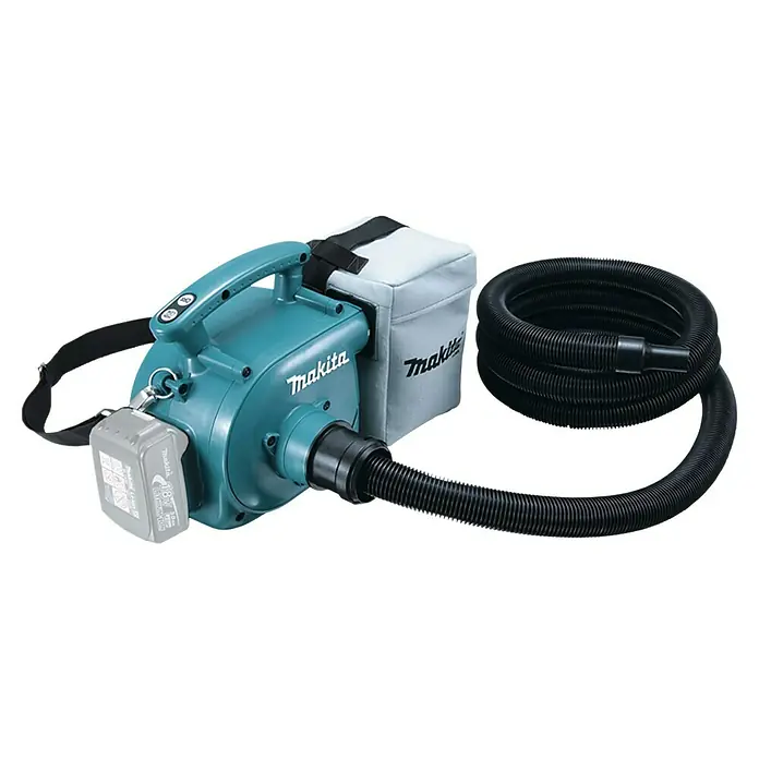 Makita LXT 18V Akku-Staubsauger DVC350Z -  - Türkiser Makita Akku-Sauger/Gebläse mit 18V Akku, grauem Staubbeutel und schwarzem Wellschlauch.