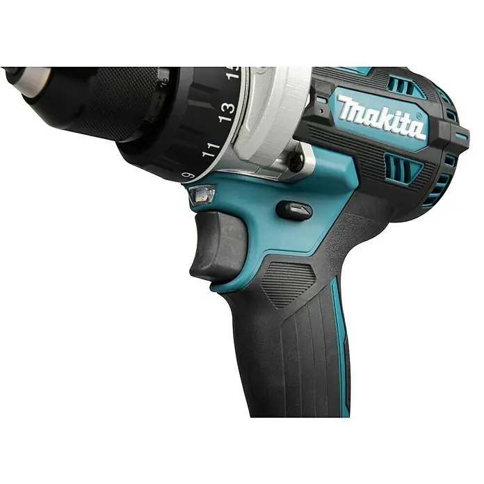 Makita LXT 18V Akku-Bohrschrauber DDF492RTJ - 18 V, 2 Akkus, 130 Nm - Nahaufnahme eines schwarzen und türkisfarbenen Makita Akkubohrers, mit Bohrfutter, Drehmomenteinstellung, LED-Licht und ergonomischem Griff.