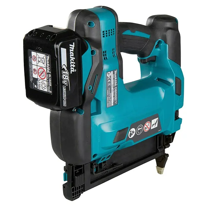 Makita LXT 18V Akku-Nagler DBN500RTJ - 18 V, 2 Akkus, 5 Ah, Länge Nagel: 15 mm - 50 mm - Türkiser und schwarzer Makita DBN500 Akku-Nagler mit 18V Li-Ion-Akku, einsatzbereit.