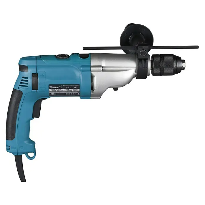 Makita Schlagbohrmaschine HP2071FJ - 1.100 W, Schnellspannbohrfutter - Makita HP2071F Schlagbohrmaschine in Türkis und Silber mit schwarzem Zusatzgriff und Tiefenanschlag.