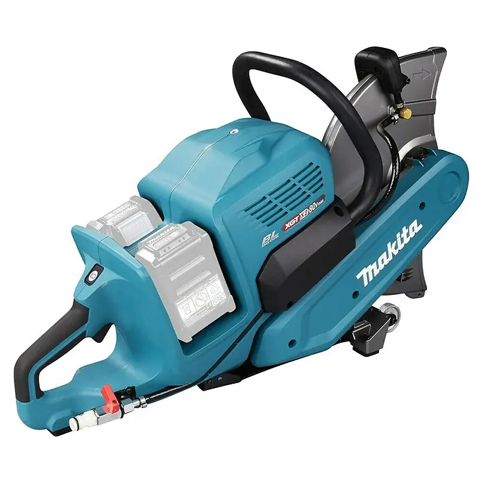 Makita XGT 40V max. Akku-Trennschleifer - Ohne Akku, 5.300 U/min - Türkis-schwarzer Makita XGT 80V max Akku-Trennschneider mit sichtbaren Akkus und Wasseranschluss.
