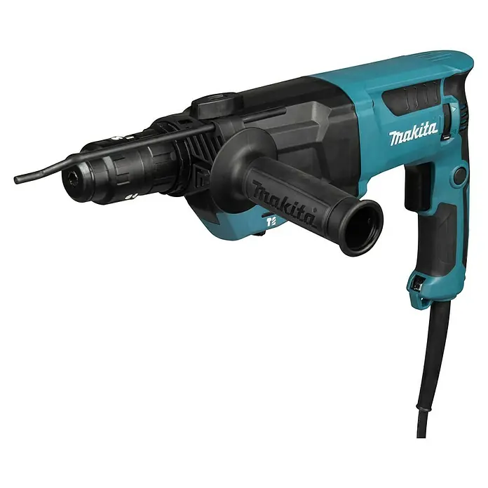 Makita Kombihammer HR2670FTX1 - 800 W, 3 J, SDS-Plus-Aufnahme - Türkis-schwarzer Makita Bohrhammer mit schwarzem Seitenhandgriff und Tiefenanschlagstange.