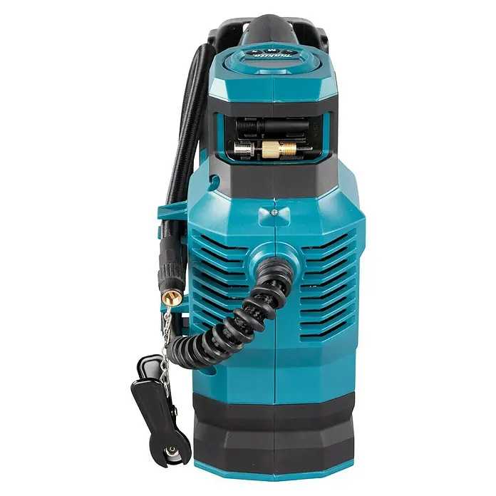 Makita LXT 18V Compresor de batería DMP181Z - 18 V, Sin batería, 11,1 bar - Bomba de aire inalámbrica Makita turquesa y negra con manguera y adaptadores guardados arriba y colgando.