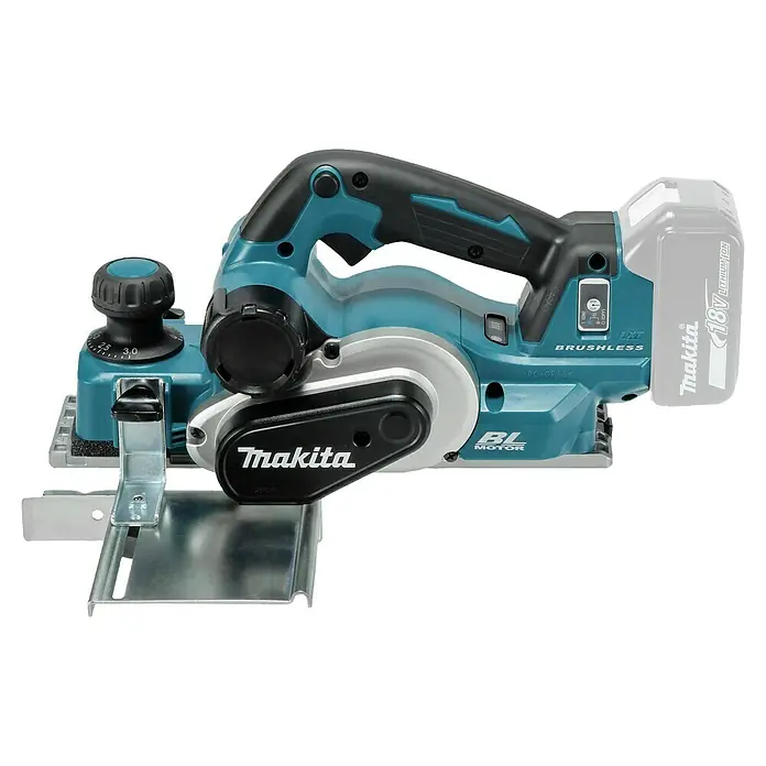 Makita LXT 18V Akku-Hobel - 18 V, Ohne Akku, Leerlaufdrehzahl: 12.000 U/min - Ein türkis-schwarzer Makita Akku-Hobel mit 18V Akku, Tiefenverstellung und bürstenlosem Motor.