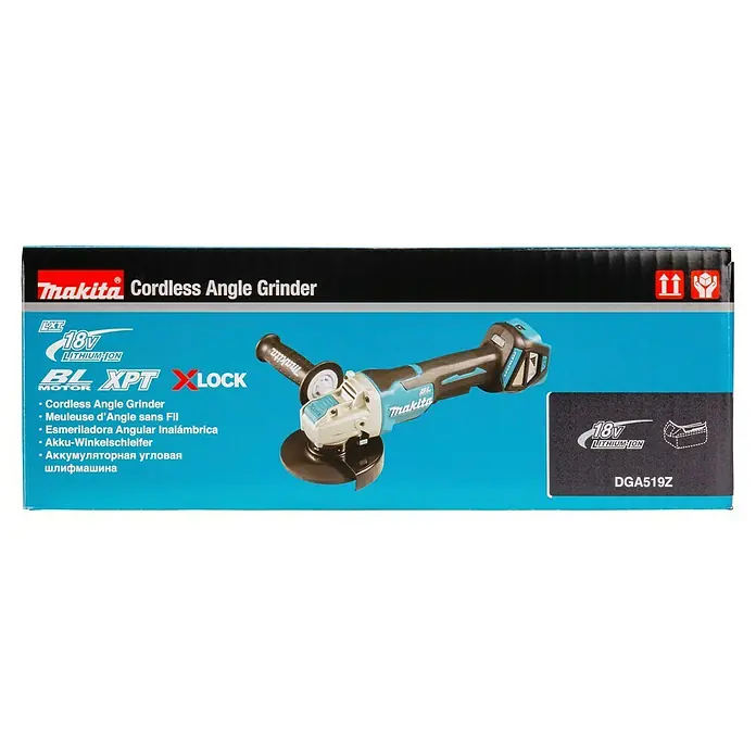 Makita LXT 18V Akku-Winkelschleifer DGA519Z - 18 V, Ohne Akku, Leerlaufdrehzahl: 3.000 U/min - 8.500 U/min - Makita 18V Akku-Winkelschleifer mit X-LOCK Technologie auf Produktverpackung, in Türkis und Schwarz.