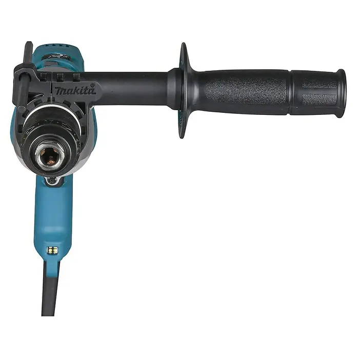 Makita Schlagbohrmaschine HP2071FJ - 1.100 W, Schnellspannbohrfutter - Makita Winkelbohrmaschine in Blau-Schwarz mit schwarzem Zusatzhandgriff und sichtbarem Bohrfutter, von oben.