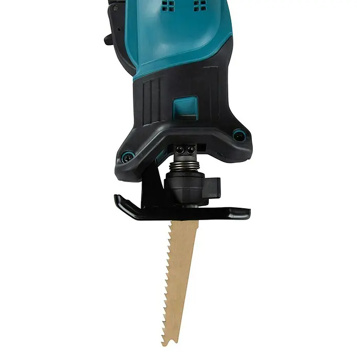 Makita LXT 18V Akku-Säbelsäge DJR183RT1J - 18 V, 1 Akku, 5 Ah, Leerlaufhubzahl: 0 /min - 3.000 /min - Türkis-schwarze Säbelsäge mit braunem Sägeblatt, nach unten geneigt.
