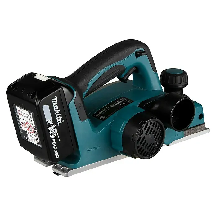 Makita LXT 18V Akku-Handhobel DKP180RTJ - 18 V, 2 Akkus, Hobelbreite: 82 mm, 5 Ah - Türkiser und schwarzer Makita 18V Akku-Hobel mit Batterie, Staubanschluss und Einstellknopf.