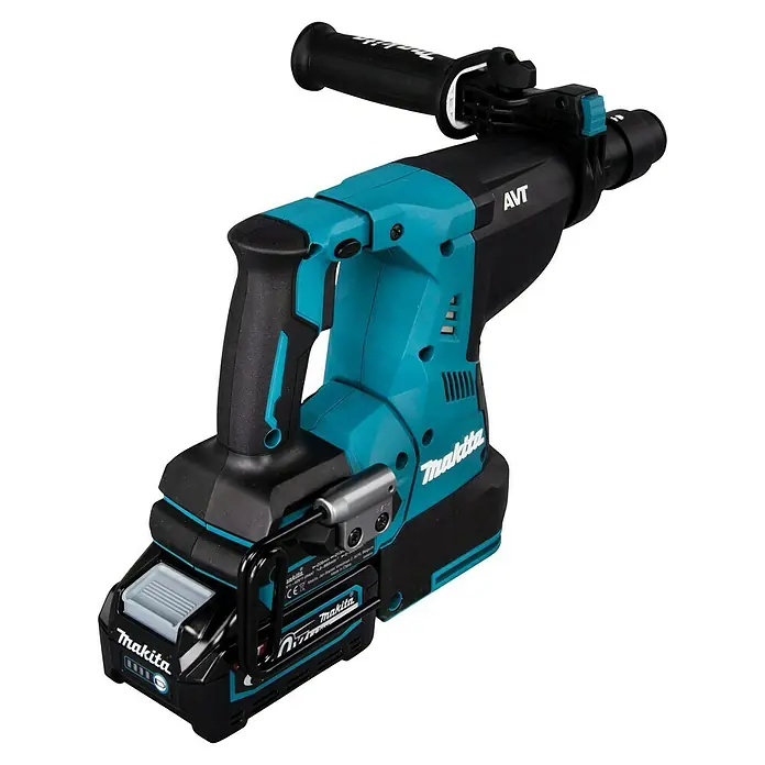 Makita XGT 40V max. Akku-Kombihammer HR004GM201 - 40 V, 2 Akkus, 2,9 J - Türkis-schwarzer Makita Akku-Bohrhammer mit Akku und Zusatzhandgriff.