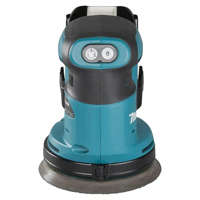 Makita LXT 18V Lijadora excéntrica de batería DBO180RTJ -  - Lijadora roto-orbital Makita turquesa y negra con ajustes de velocidad 1-3 e interruptor 0, mostrando su almohadilla.