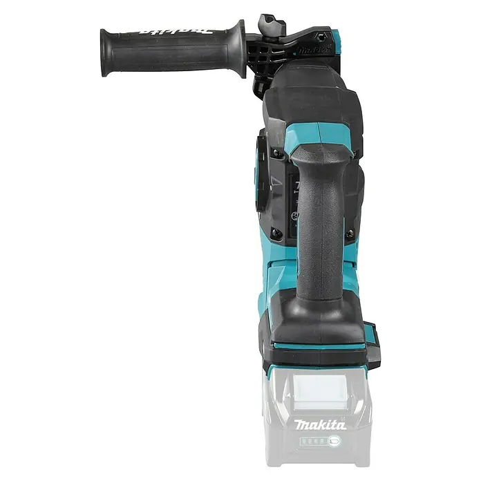 Makita XGT 40V max. Akku-Kombihammer HR009GZ - 40 V, Ohne Akku, 3,9 J - Makita Akku-Bohrhammer in Schwarz-Türkis mit Zusatzgriff und angeschlossenem Akkupack.
