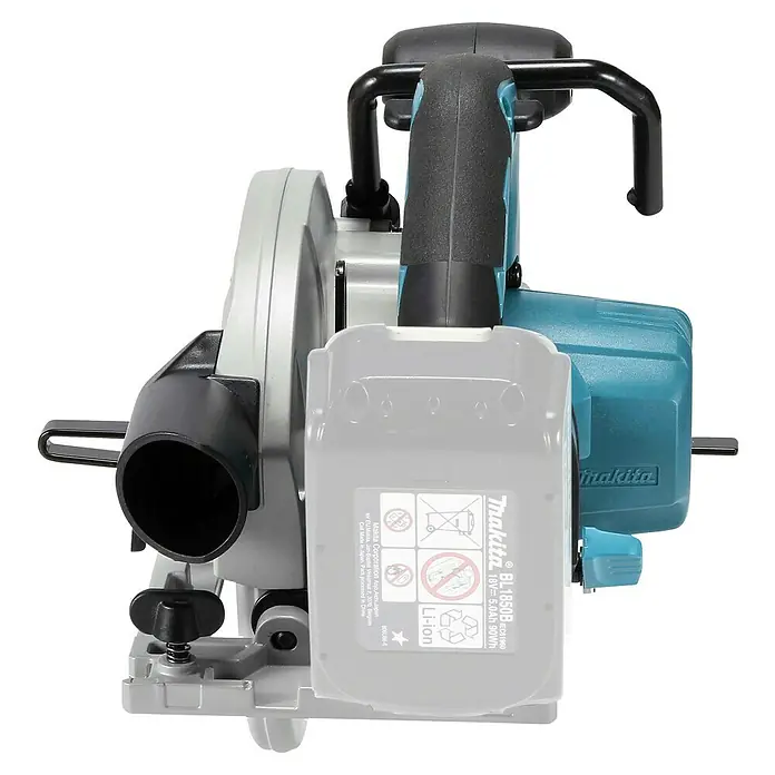 Makita LXT 18V Akku-Handkreissäge DHS680Z - 18 V, Ohne Akku, Leerlaufdrehzahl: 5.000 U/min - Makita Akku-Handkreissäge mit angesetztem Li-Ion-Akku, blau-grau mit schwarzem Griff.