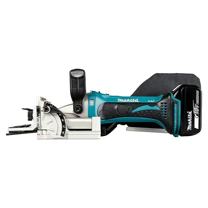 Makita LXT 18V Fresa de ranurado de batería DPJ180RTJ - 18 V, 2 baterías, 5 Ah, 20 mm - Fresadora de galletas inalámbrica Makita 18V LXT en turquesa, negro y plata, con guía ajustable y bolsa de polvo.