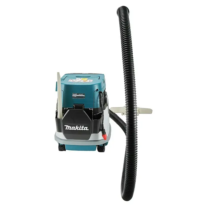 Makita LXT 18V Akku-Nass-Trockensauger DVC150LZ - 36 V, Ohne Akku, Behältervolumen: 15 l - Makita DVC150L Staubsauger mit türkisem Gehäuse, schwarzen/weißen Akzenten und schwarzem Wellschlauch.