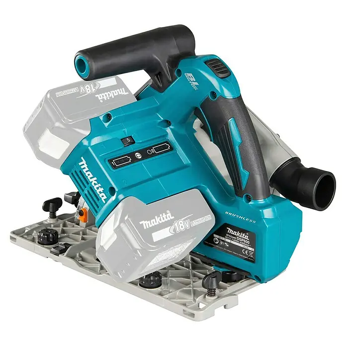 Makita LXT 18V Akku-Tauchsäge DSP600ZJ - 18 V, Ohne Akku, 2.500 U/min - 6.300 U/min - Türkis-schwarze Makita Akku-Handkreissäge mit zwei grauen Akkus auf der Führungsschiene.
