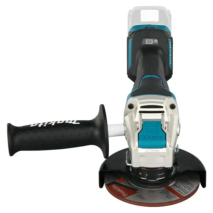 Makita LXT 18V Akku-Winkelschleifer DGA519Z - 18 V, Ohne Akku, Leerlaufdrehzahl: 3.000 U/min - 8.500 U/min - Makita Akku-Winkelschleifer mit X-Lock Scheibe, schwarz, türkis und silber, mit seitlichem Handgriff.