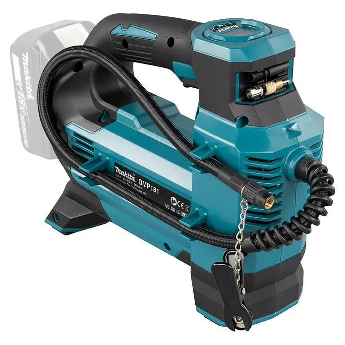 Makita LXT 18V Compresor de batería DMP181Z - 18 V, Sin batería, 11,1 bar - Inflador sin cable Makita DMP181 en negro y turquesa, con manguera de aire, boquilla y batería acoplada.