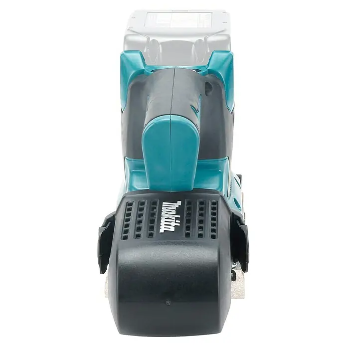 Makita LXT 18V Akku-Schwingschleifer DBO382Z - 18 V, Ohne Akku - Türkis-graues Akku-Elektrowerkzeug, möglicherweise ein Schleifer, mit durchscheinendem Akku und Makita-Logo.