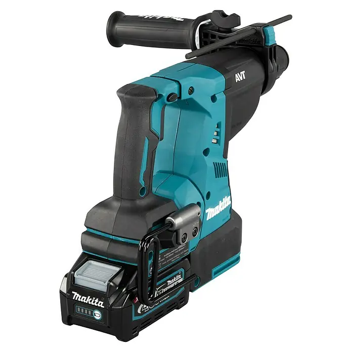 Makita XGT 40V max. Akku-Kombihammer HR003GM201 - 40 V, 2 Akkus, 4 Ah, 2,8 J - Türkis und schwarze Makita Akku-Bohrhammer mit Akku und Seitenhandgriff.