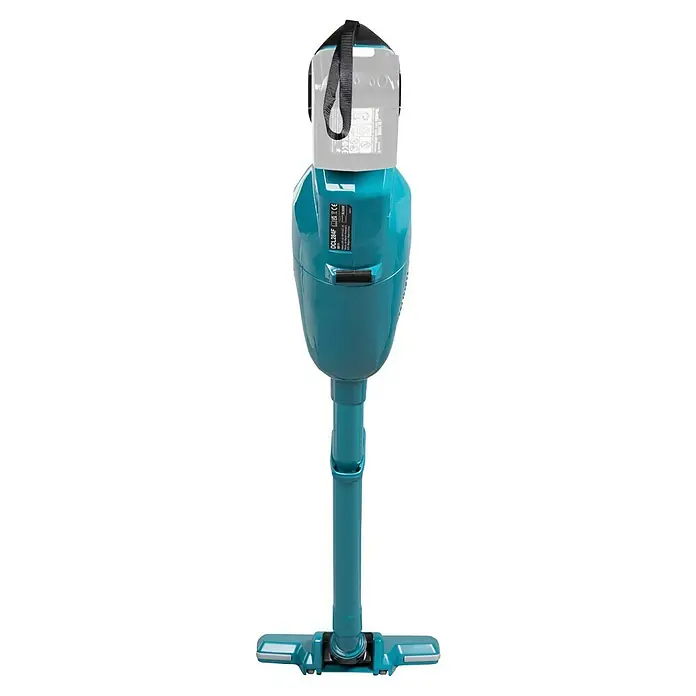 Makita LXT 18V Akku-Staubsauger DCL284F - 18 V, Ohne Akku, Behältervolumen: 0,73 l - Ein türkiser Akku-Stielstaubsauger mit grauem Akku, schwarzem Griff und Düse.