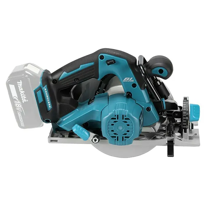 Makita LXT 18V Akku-Handkreissäge DHS680Z - 18 V, Ohne Akku, Leerlaufdrehzahl: 5.000 U/min - Makita 18V bürstenlose Akku-Kreissäge in Türkis und Schwarz, mit Akku und Einstellskalen.