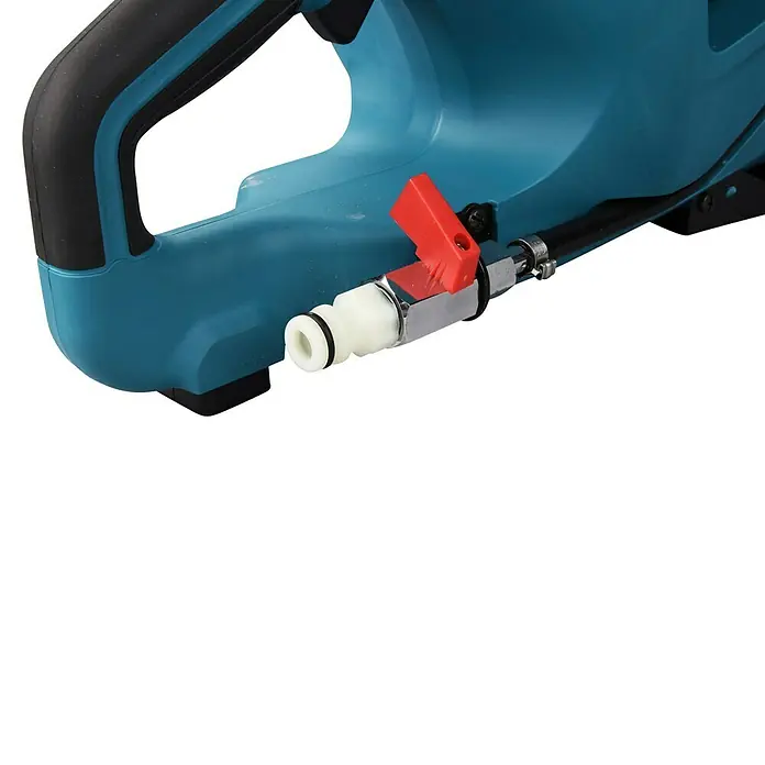 Makita XGT 40V max. Akku-Trennschleifer - Ohne Akku, 5.300 U/min - Nahaufnahme eines türkisfarbenen Werkzeuggriffs mit schwarzer Grifffläche und einem Wasser-Schnellanschluss mit rotem Ventil und Chrombeschlag.