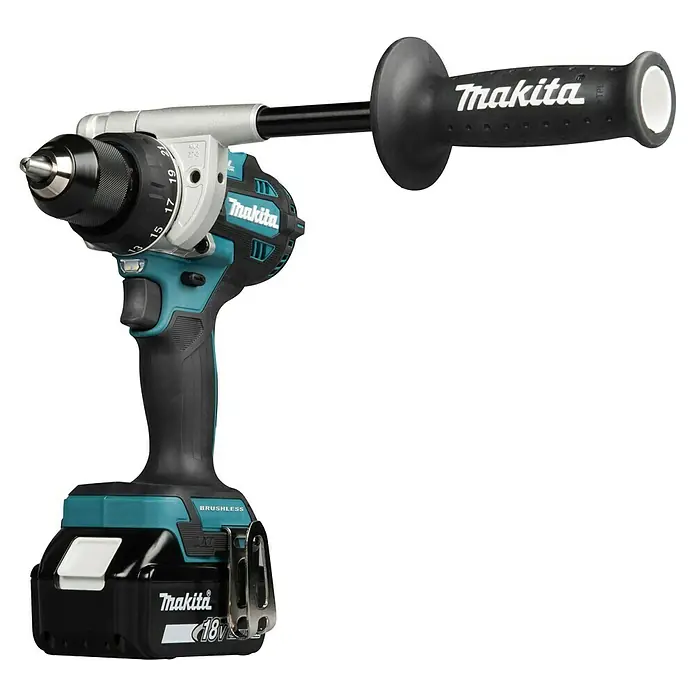 Makita LXT 18V Taladro atornillador de batería DDF492RTJ - 18 V, 2 baterías, 130 Nm - Taladro percutor inalámbrico Makita con empuñadura auxiliar y batería de 18V en turquesa, negro y plata.