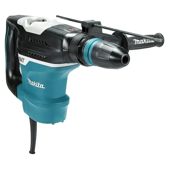 Makita Kombihammer HR4013C - 1.100 W, 8 J, SDS-Max-Aufnahme - Ein schwarz-türkiser Makita Bohrhammer mit weißen Akzenten, Seitenhandgriff und Tiefenanschlag.