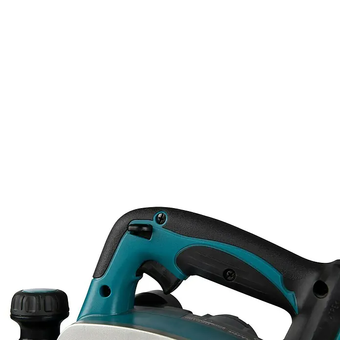 Makita LXT 18V Akku-Handhobel DKP180RTJ - 18 V, 2 Akkus, Hobelbreite: 82 mm, 5 Ah - Nahaufnahme des Griffs und des vorderen Einstellknopfs eines schwarz-türkisen Elektrohobels.