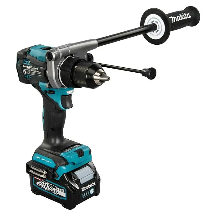 Makita XGT 40V max. Akku-Schlagbohrschrauber HP001GD201 - 40 V, 2 Akkus, 2,5 Ah, 41 Nm - Makita Akku-Bohrhammer in Türkis und Schwarz mit 40V Li-ion Akku und Zusatzhandgriff mit Tiefenanschlag.