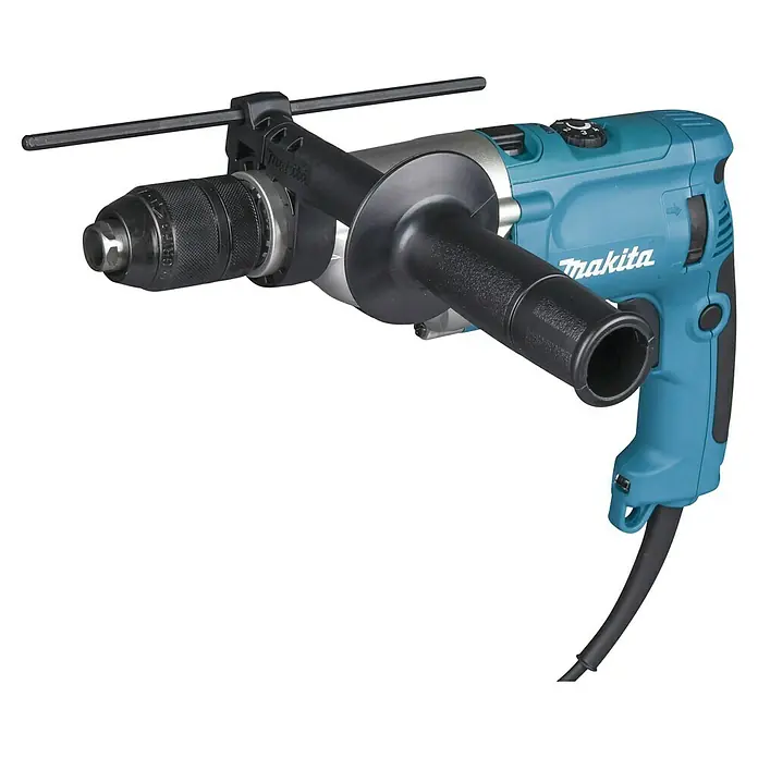 Makita Schlagbohrmaschine HP2071J - 1.100 W - Türkis-schwarze Makita Schlagbohrmaschine mit schwarzem Zusatzhandgriff und Tiefenanschlag.