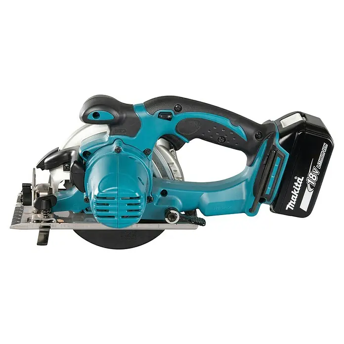 Makita LXT 18V Akku-Handkreissäge DSS501RTJ - 18 V, 2 Akkus, 5 Ah, 0 U/min - 3.600 U/min - Eine teal-schwarze Makita 18V Akku-Kreissäge mit silbernem Blattschutz und schwarzem Lithium-Ionen-Akku.