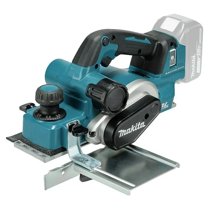 Makita LXT 18V Akku-Hobel - 18 V, Ohne Akku, Leerlaufdrehzahl: 12.000 U/min - Türkis-schwarzer Makita Akku-Hobel mit silberner Basis, Tiefeneinstellknopf und montiertem Akku.
