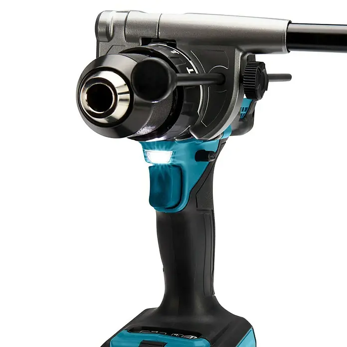 Makita XGT 40V max. Akku-Schlagbohrschrauber HP001GD201 - 40 V, 2 Akkus, 2,5 Ah, 41 Nm - Ein leistungsstarker schwarzer und silberner Winkelschrauber mit türkisen Akzenten und hellem LED-Arbeitslicht.