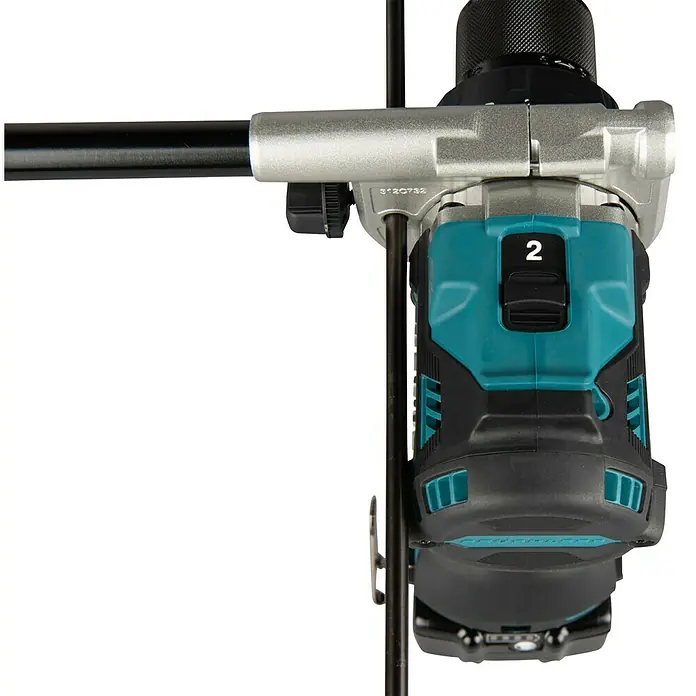 Makita LXT 18V Akku-Schlagbohrschrauber DHP492RTJ - 18 V, 2 Akkus, 5 Ah, 130 Nm - Nahaufnahme einer türkis-schwarzen Oberfräse mit silberner Tauchbasis und schwarzen Führungsstangen.