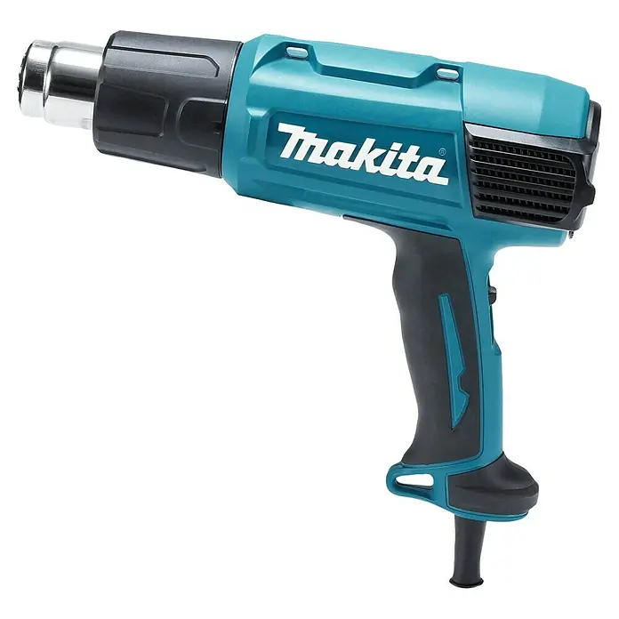 Makita Heißluftgebläse HG6031VK - 1.800 W, Temperaturbereich: 50 °C - 600 °C - Makita Heißluftpistole in Türkis und Schwarz mit silberner Düse, für präzise Wärmeanwendungen.