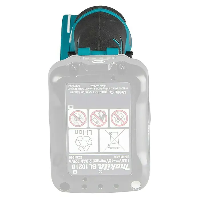 Makita CXT 12V max. Cortador universal de batería CP100DZ - 12 V, Sin batería, Profundidad máx. de corte: 6 mm - Batería Makita BL1021B gris y negra, acoplada a una herramienta eléctrica turquesa y negra.