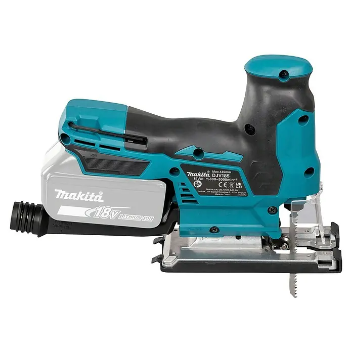 Makita LXT 18V Akku-Pendelhubstichsäge DJV185Z - 18 V, Ohne Akku, Leerlaufhubzahl: 800 /min - 3.000 /min - Makita DJV185 18V Lithium-Ionen Stichsäge in Türkis und Schwarz mit grauem Akku und Metallsockel mit Sägeblatt.