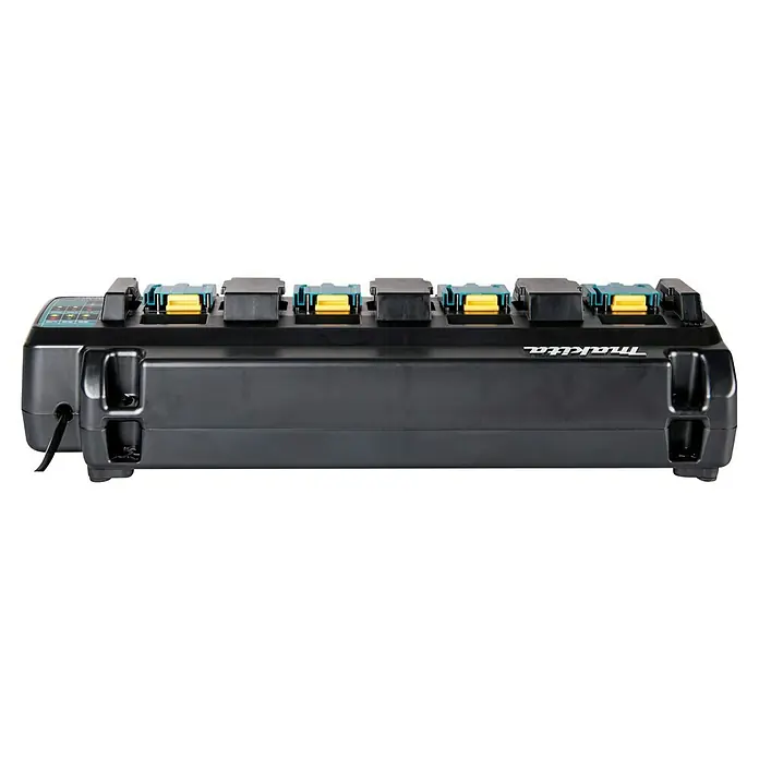 Makita LXT 18V Ladegerät DC18SF - Passend für: Makita Li-Ionen-Akkus 14,4 - 18 V - Schwarzes Makita Multi-Akku-Ladegerät mit sechs Steckplätzen, Anzeige und teilweise eingeführten blau-gelben Akku-Anschlüssen.