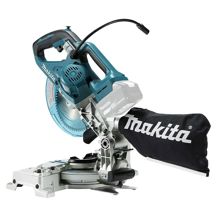 Makita LXT 18V Akku-Kapp- & Gehrungssäge DLS600Z - 18 V, Ohne Akku, Leerlaufdrehzahl: 5.000 U/min - Makita Akku-Kapp- und Gehrungssäge in Türkis und Grau, mit flexibler Arbeitsleuchte und Staubbeutel.