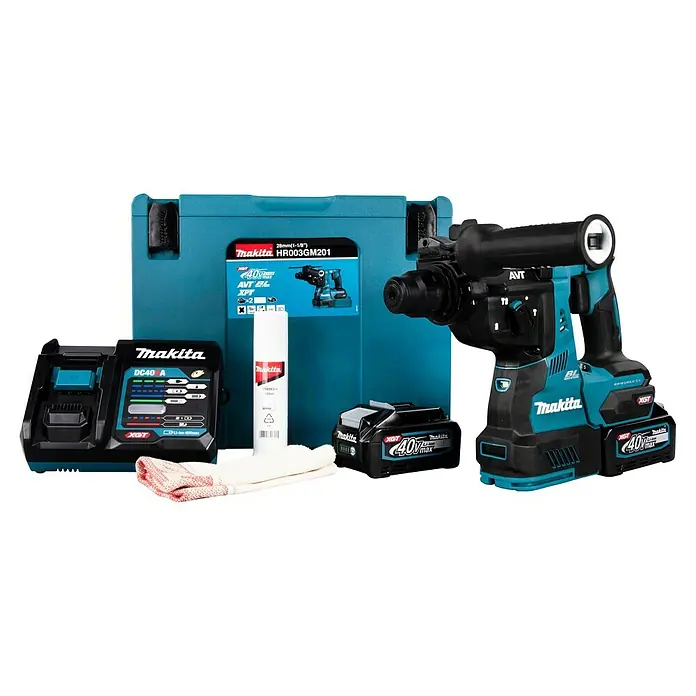 Makita XGT 40V max. Akku-Kombihammer HR003GM201 - 40 V, 2 Akkus, 4 Ah, 2,8 J - Türkis-schwarzes Makita Akku-Bohrhammer-Set mit Bohrmaschine, zwei 40V Akkus, Ladegerät, Koffer, Fett und Handschuhen.