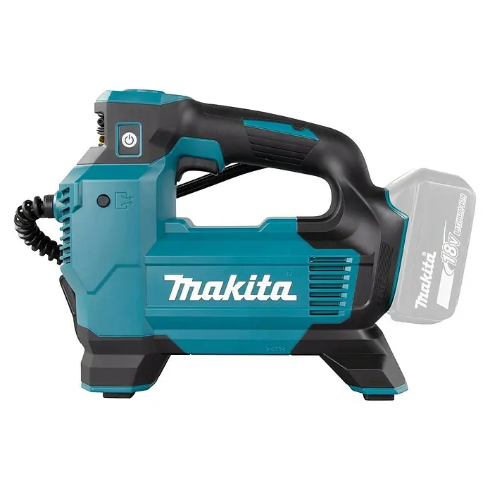 Makita LXT 18V Compresor de batería DMP181Z - 18 V, Sin batería, 11,1 bar - Inflador inalámbrico Makita 18V turquesa y negro con asa integrada y ranura para batería visible.