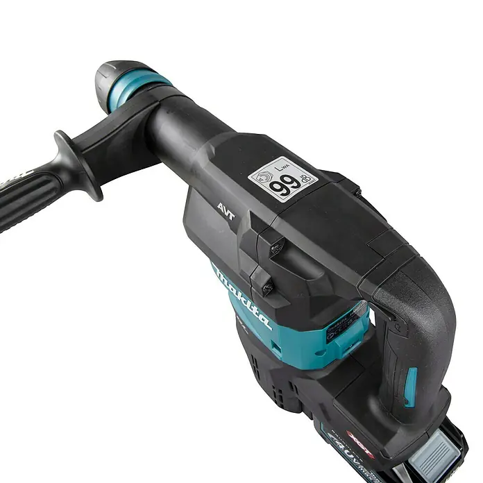 Makita XGT 40V max. Akku-Kombihammer HM001GZ02 - 40 V, Ohne Akku, 9,4 J - Ein schwarz-türkiser Akku-Bohrhammer von Makita mit AVT und 40V-Akku, schräg von oben betrachtet.