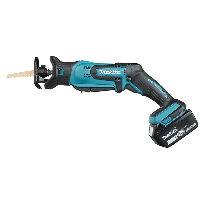 Makita LXT 18V Akku-Säbelsäge DJR183RT1J - 18 V, 1 Akku, 5 Ah, Leerlaufhubzahl: 0 /min - 3.000 /min - Makita Akku-Säbelsäge in Schwarz und Türkis mit beigem Sägeblatt und 18V Lithium-Ionen-Akku.