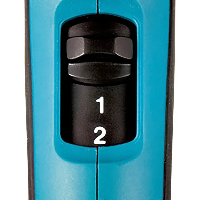 Makita Heißluftgebläse HG5030K - 1.600 W, Temperaturbereich: 350 °C - 500 °C - Schwarzer Zweigang-Wahlschalter mit '1' und '2' an einem türkisblauen Werkzeuggehäuse.